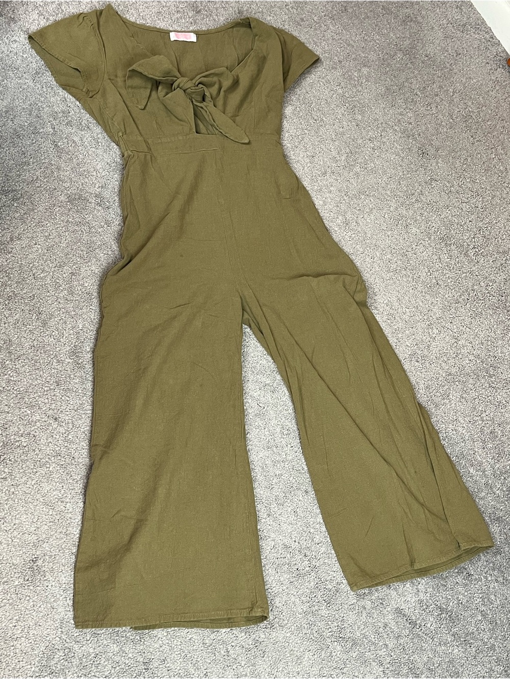 Olive Green Tie-Front Wide-Leg Jumpsuit with Cap Sleeves